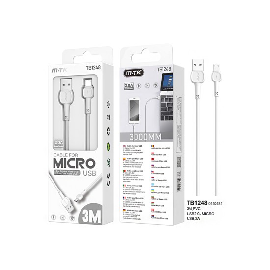 CABLE DE DATOS MTK TB1248 BL PARA MICROUSB 2,4A 3M BRANCO CABLE DE DATOS MTK TB1248 BL PARA MICROUSB 2,4A 3M BRANCO